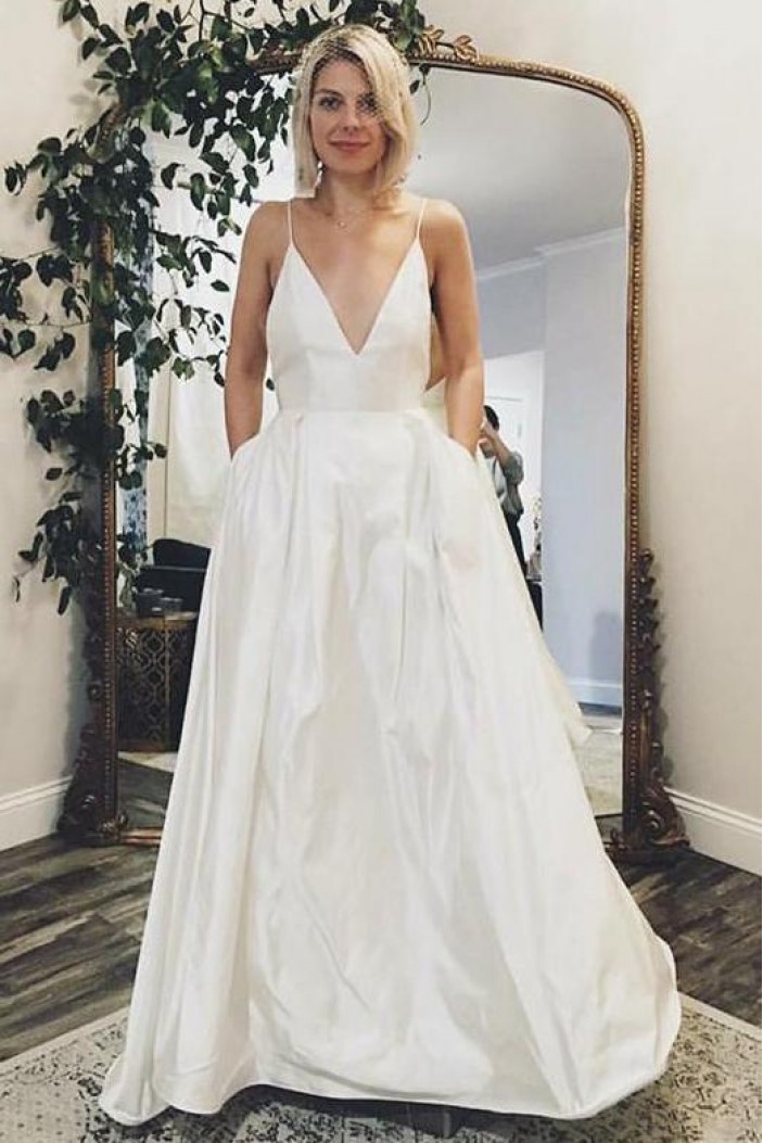 A-Line V Neck Long Satin Wedding Dresses Bridal Gowns 903178