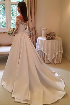 A-Line Lace Long Sleeves V Neck Wedding Dresses Bridal Gowns 903186