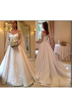 A-Line Lace Long Sleeves V Neck Wedding Dresses Bridal Gowns 903186