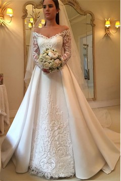 A-Line Lace Long Sleeves V Neck Wedding Dresses Bridal Gowns 903186