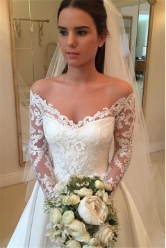 A-Line Lace Long Sleeves V Neck Wedding Dresses Bridal Gowns 903186