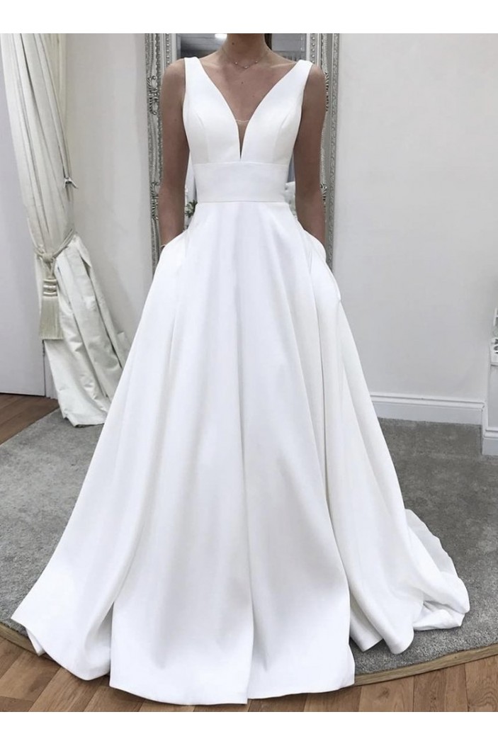 A-Line Long Satin V Neck Wedding Dresses Bridal Gowns 903195