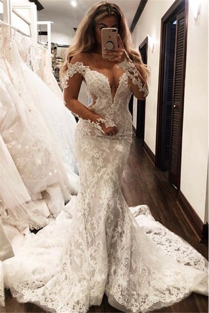 Mermaid Lace Off the Shoulder Long Sleeves Wedding Dresses Bridal Gowns 903238