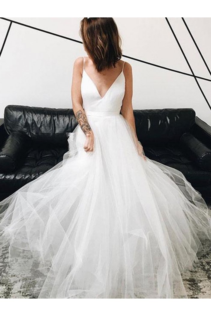 A-Line Long Tulle V Neck Wedding Dresses Bridal Gowns 903250