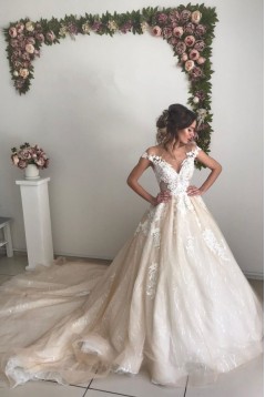 A-Line Lace V Neck Wedding Dresses Bridal Gowns 903256