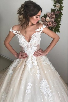 A-Line Lace V Neck Wedding Dresses Bridal Gowns 903256