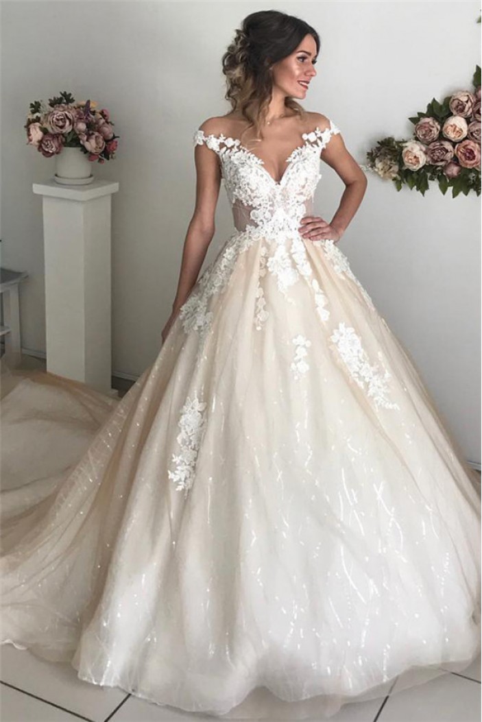 A-Line Lace V Neck Wedding Dresses Bridal Gowns 903256