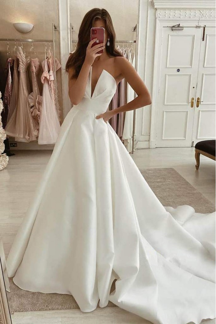 A-Line Satin Long Wedding Dresses Bridal Gowns 903261