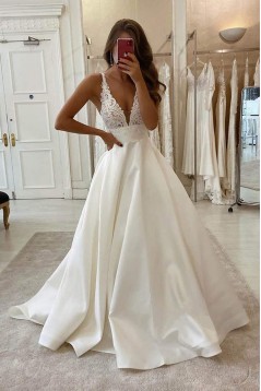 A-Line Satin and Lace Long Wedding Dresses Bridal Gowns 903262