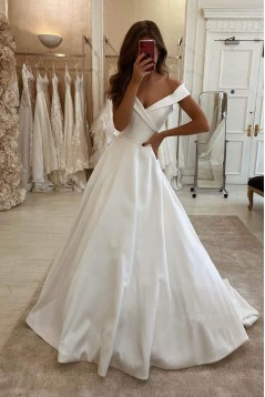 A-Line Long Satin Off the Shoulder Wedding Dresses Bridal Gowns 903265