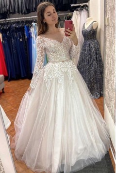 A-Line Long Sleeves Lace and Tulle Wedding Dresses Bridal Gowns 903269