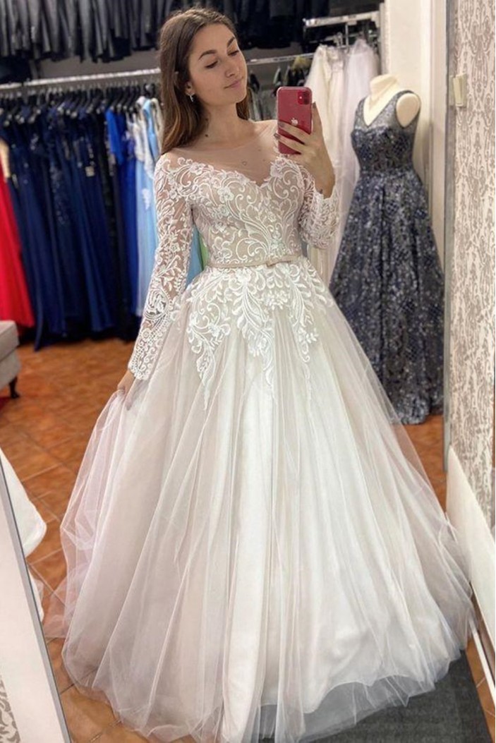 A-Line Long Sleeves Lace and Tulle Wedding Dresses Bridal Gowns 903269