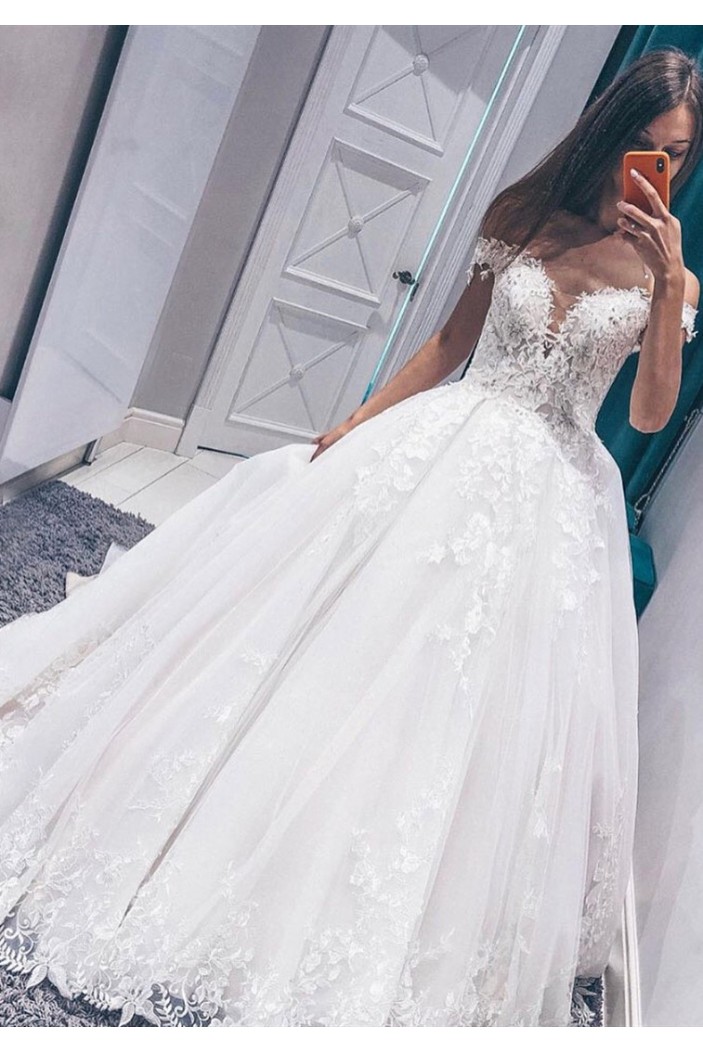 A-Line Lace Off the Shoulder Wedding Dresses Bridal Gowns 903298