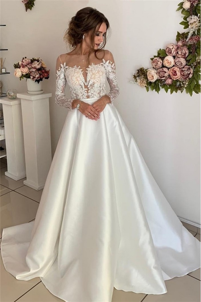 A-Line Long Sleeves Lace and Satin Wedding Dresses Bridal Gowns 903300