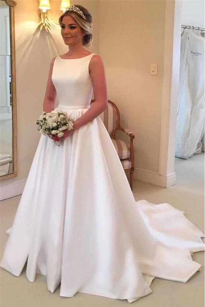 A-Line Long Satin Wedding Dresses Bridal Gowns 903305