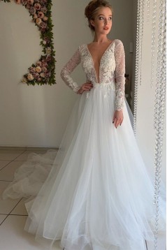 A-Line Lace and Tulle Long Sleeves Wedding Dresses Bridal Gowns 903329