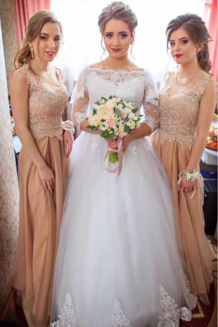 A-Line Lace and Tulle Wedding Dresses Bridal Gowns with Sleeves 903338