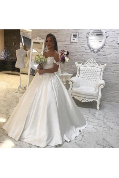 A-Line Lace and Satin Off the Shoulder Wedding Dresses Bridal Gowns 903350