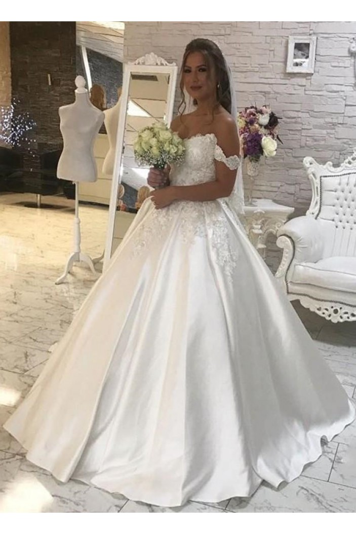 A-Line Lace and Satin Off the Shoulder Wedding Dresses Bridal Gowns 903350