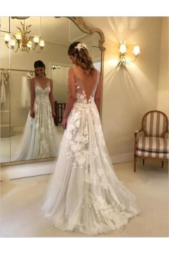 A-Line Lace V Neck Wedding Dresses Bridal Gowns 903352