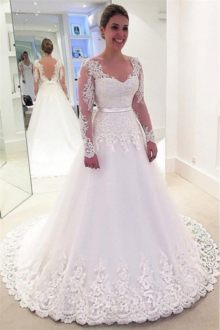 A-Line Long Sleeves Lace Wedding Dresses Bridal Gowns 903367