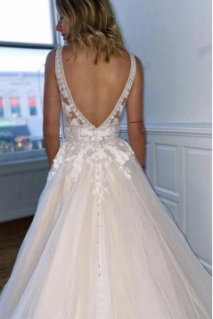 A-Line Lace and Tulle V Neck Wedding Dresses Bridal Gowns 903391