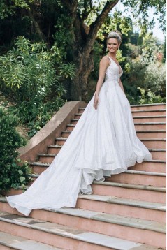 A-Line Sparkle V Neck Long Wedding Dresses Bridal Gowns 903395