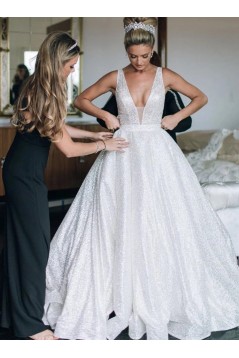 A-Line Sparkle V Neck Long Wedding Dresses Bridal Gowns 903395