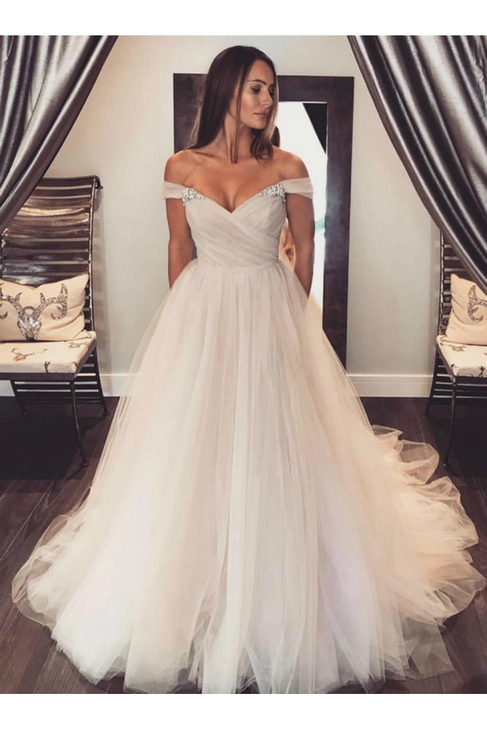 A-Line Beaded Tulle Off the Shoulder Wedding Dresses Bridal Gowns 903396