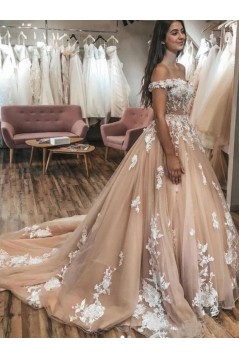 A-Line Off the Shoulder Lace and Tulle Wedding Dresses Bridal Gowns 903408
