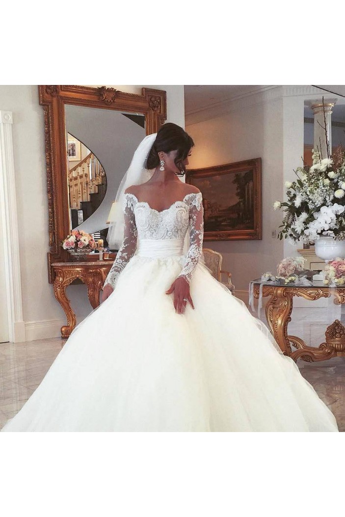 A-Line Lace and Tulle Long Sleeves Wedding Dresses Bridal Gowns 903416