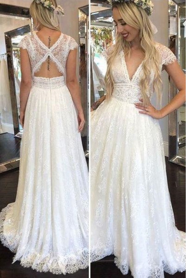 A-Line Cap Sleeves Lace Wedding Dresses Bridal Gowns 903419