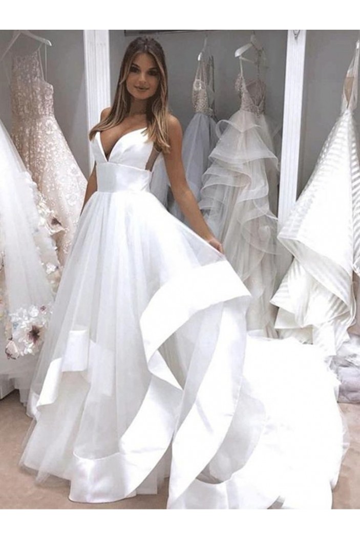 A-Line Tulle V Neck Wedding Dresses Bridal Gowns 903427