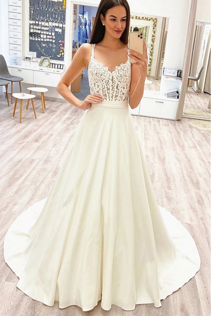 A-Line Lace and Satin Wedding Dresses Bridal Gowns 903441