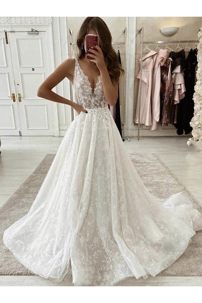 A-Line Lace and Tulle Long Wedding Dresses Bridal Gowns 903464