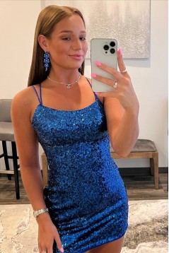 Short Royal Blue Sequins Prom Dresses Homecoming Dresses 904033