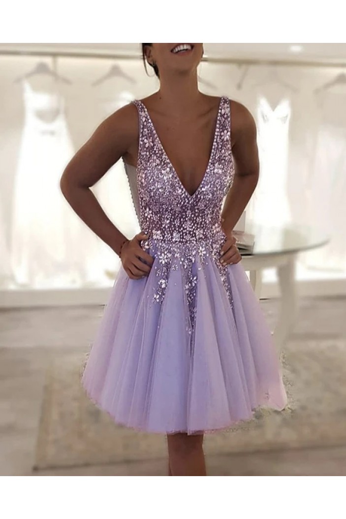 Short/Mini Beaded V Neck Tulle Prom Dresses Homecoming Dresses 904060