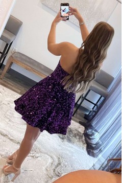 Short/Mini A-Line Purple Sweetheart Sequins Prom Dresses Homecoming Dresses with Pockets 904062