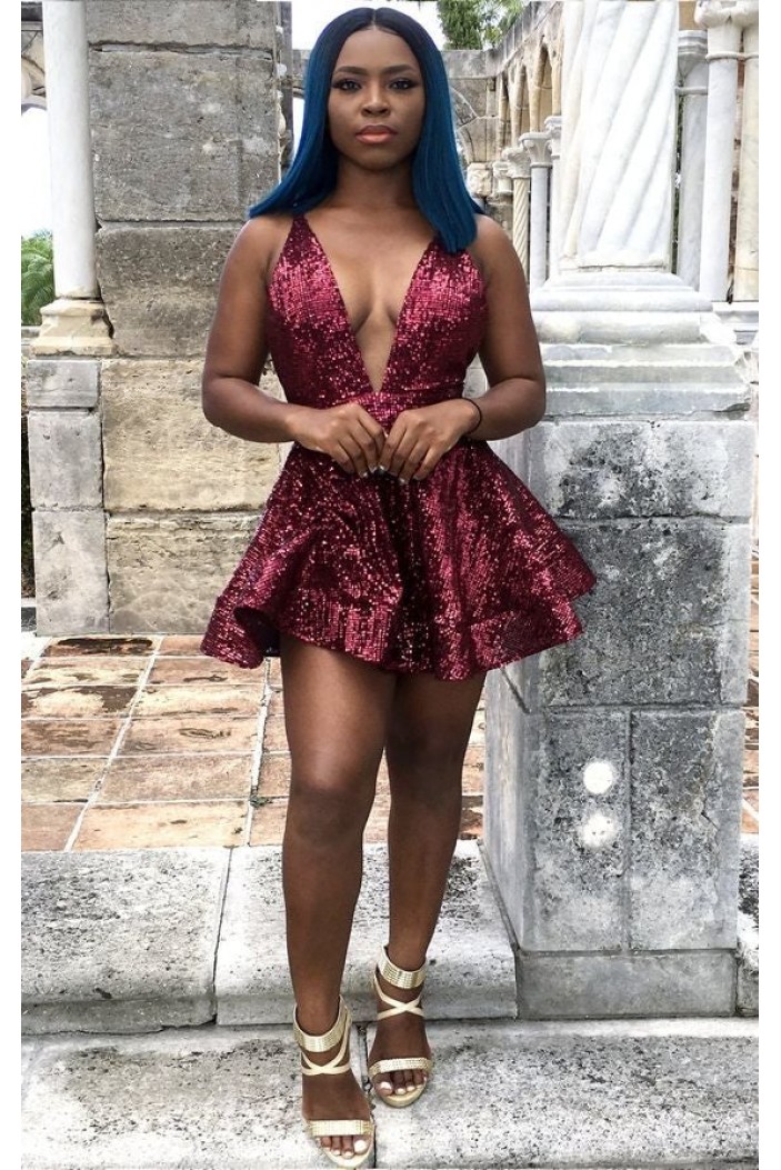 Short/Mini A-Line Sequins V Neck Black Girl Birthday Dresses Prom Dresses Homecoming Dresses 904090