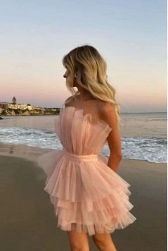 Short/Mini A-Line Pink Strapless Tiered Tulle Prom Dresses Homecoming Dresses 904093