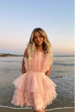 Short/Mini A-Line Pink Strapless Tiered Tulle Prom Dresses Homecoming Dresses 904093