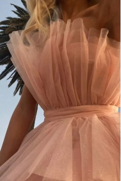 Short/Mini A-Line Pink Strapless Tiered Tulle Prom Dresses Homecoming Dresses 904093