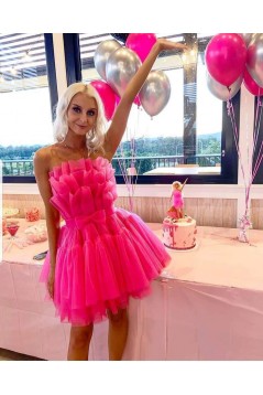 Short/Mini Hot Pink Strapless Tulle Prom Dresses Homecoming Dresses 904095