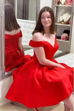 Short Red A-Line Satin Prom Dresses Homecoming Dresses 904099