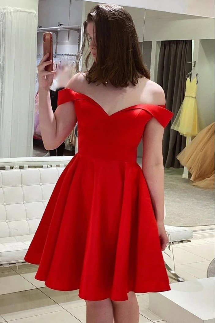 Short Red A-Line Satin Prom Dresses Homecoming Dresses 904099