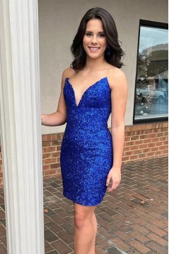 Short/Mini Royal Blue V Neck Sequins Prom Dresses Homecoming Dresses 904107