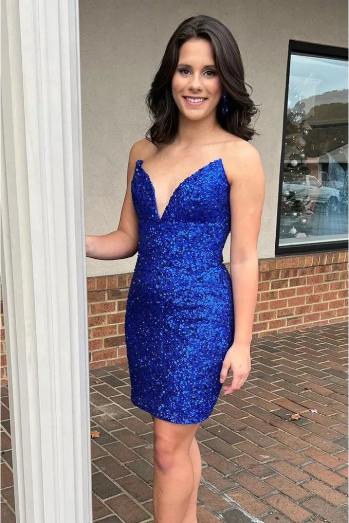 Short/Mini Royal Blue V Neck Sequins Prom Dresses Homecoming Dresses 904107