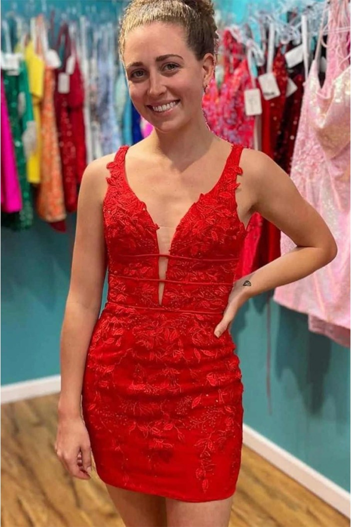 Short/Mini Red V Neck Prom Dresses Homecoming Dresses 904111