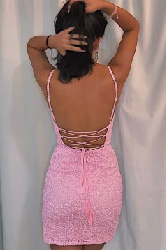 Short/Mini Pink Sequins V Neck Prom Dresses Homecoming Dresses 904115