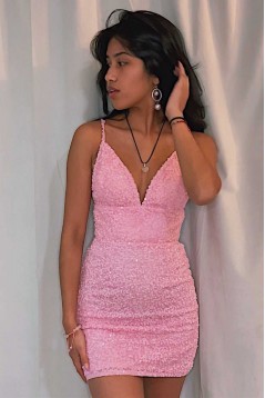 Short/Mini Pink Sequins V Neck Prom Dresses Homecoming Dresses 904115